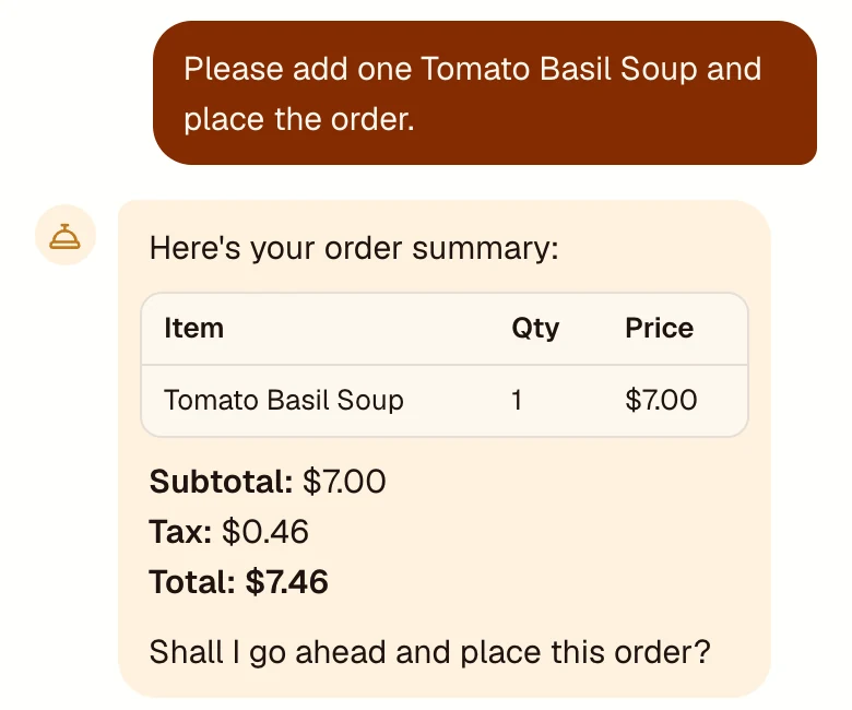 Tableside chat on a synthetic demo restaurant. The diner writes “Please add one Tomato Basil Soup and place the order.” The waiter replies with an order summary: Tomato Basil Soup, quantity 1, $7.00; subtotal $7.00, tax $0.46, total $7.46; then asks “Shall I go ahead and place this order?”