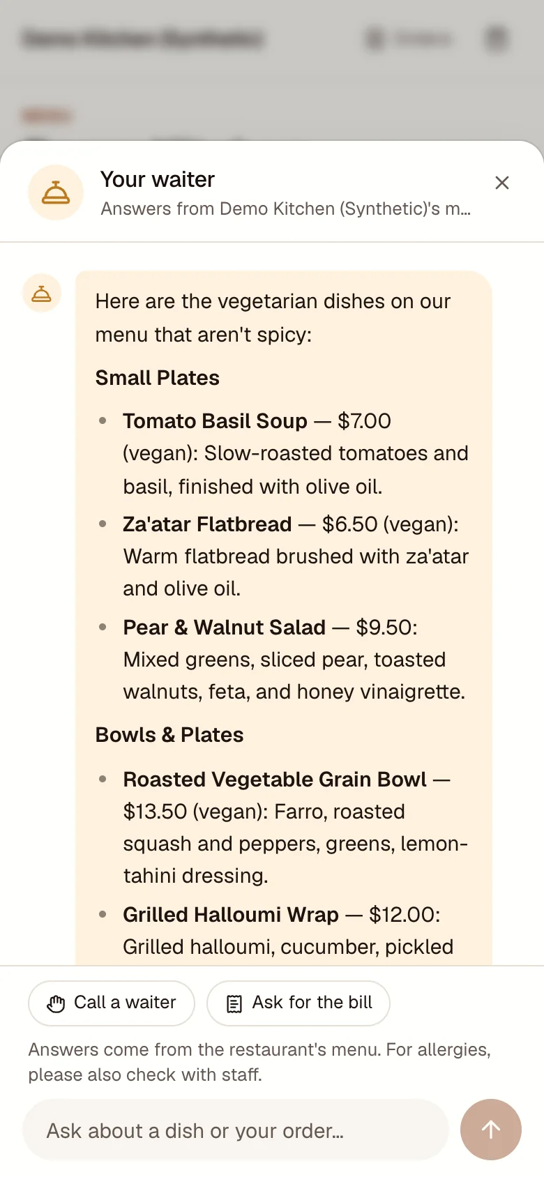 Waiter chat. Asked for vegetarian dishes that aren't spicy, it lists soup, flatbread, salad, grain bowl, wrap and iced tea with menu prices, grouped by the restaurant's categories.