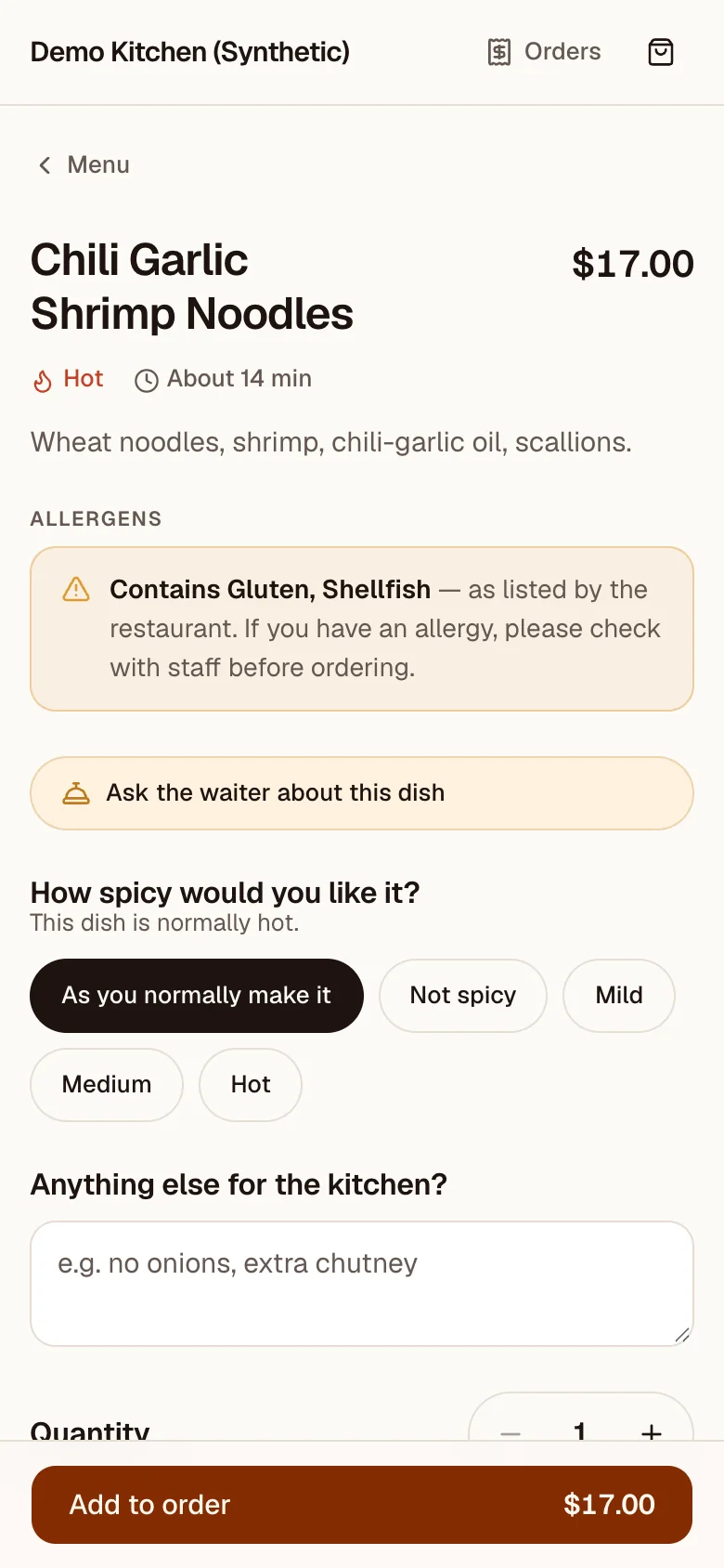Dish page for Chili Garlic Shrimp Noodles, $17.00, marked hot, about 14 minutes. An allergen box reads "Contains Gluten, Shellfish, as listed by the restaurant", with advice to check with staff.