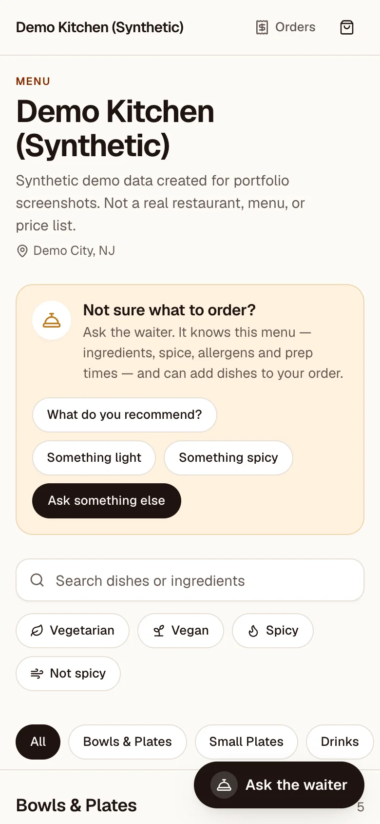 Mobile menu for Demo Kitchen (Synthetic), described as synthetic demo data. A prompt card invites the diner to ask the waiter, above search, dietary filters and category tabs.